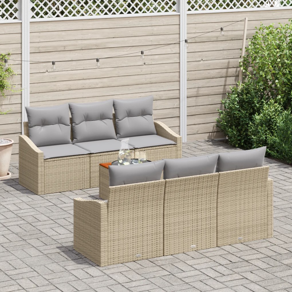 Conjunto de Sofá de Jardim de 7 Peças com Almofadas Bege Rattan Acácia