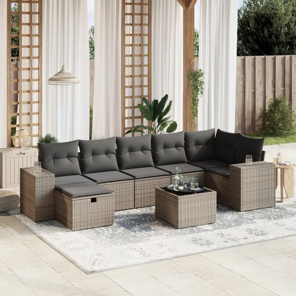 vidaXL 8 pcs conjunto sofás de jardim c/ almofadões vime PE cinzento