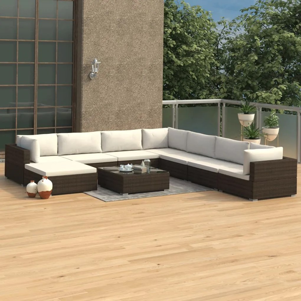 vidaXL 9 pcs conjunto lounge jardim c/ almofadões vime PE castanho