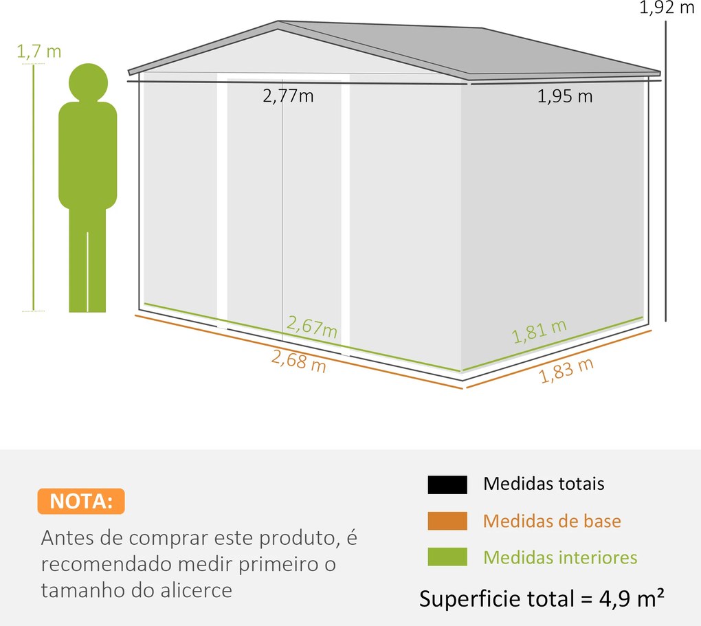 Abrigo de Jardim Exterior 4,9 m² 277x195x192 cm com Porta de Correr Ventilação e Kit de Fundação Castanho