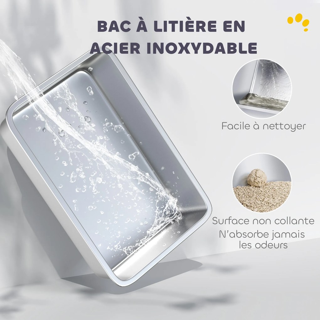 Caixa de Areia XL para Gatos, 60,2 x 40,2 x 29,6 cm, Aço Inoxidável, Cinzento