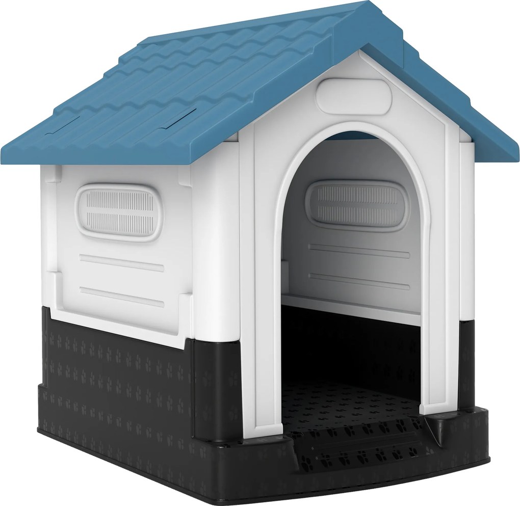 Casa para Cães Mini de Exterior em Plástico com 3 Janelas Base Elevada Telhado Inclinado 64,5x57x66 cm Azul