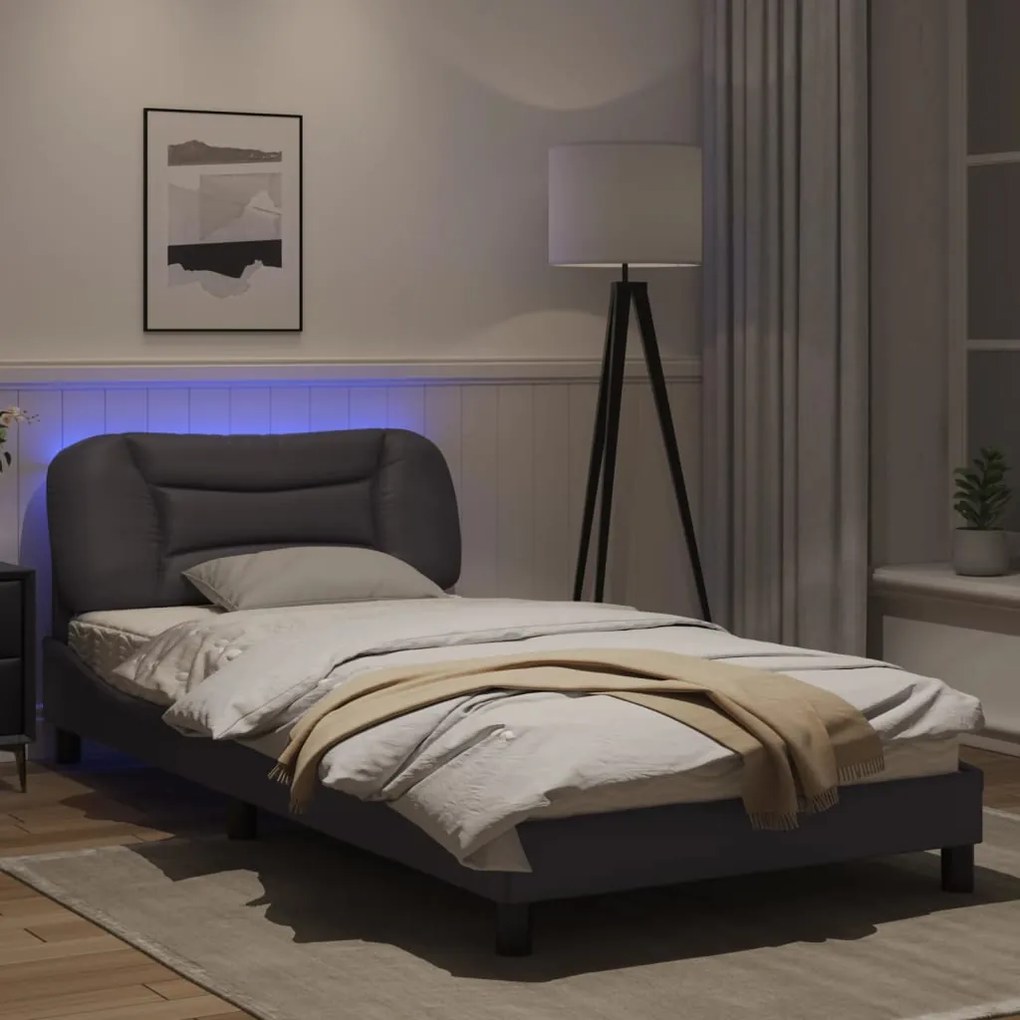 Estrutura de cama c/ luzes LED 100x200cm couro artificial cinza