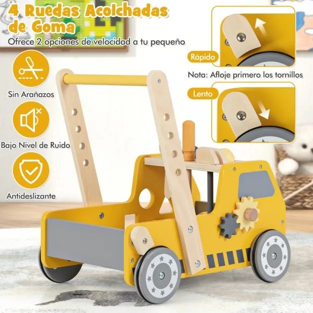 Andador de empurrar em madeira 2 em 1 para bebés e crianças com velocidade ajustável e armazenamento Brinquedos Montessori Amarelo