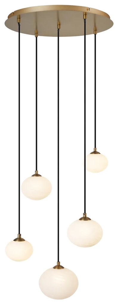 Candeeiro suspenso Art Deco dourado com vidro opalino 5-luzes - Yani Art Deco