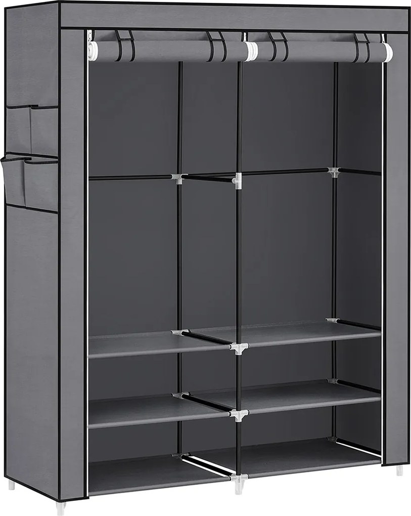 Guarda Roupa em tecido com 2 varões para roupa e 4 bolsos laterais 45 x 127 x 176 cm Cinzento