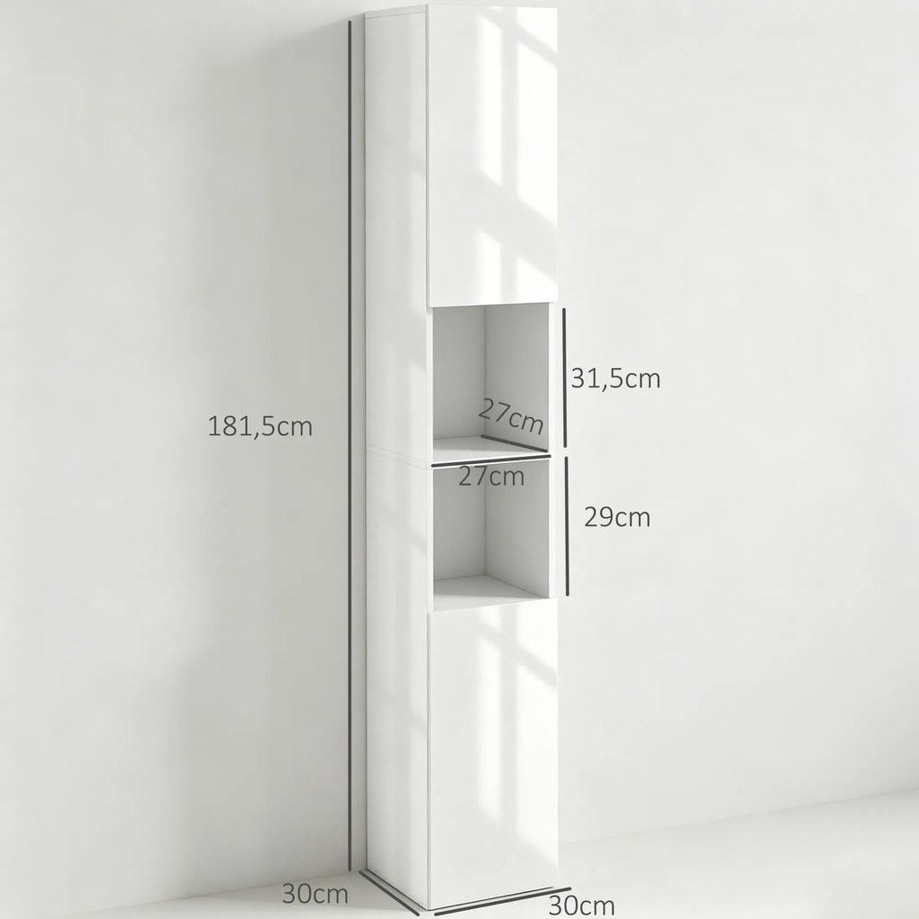 Armário Alto e Estreito para Casa de Banho com Portas e Prateleiras Ajustáveis 30x30x181,5 cm Branco Brilhante