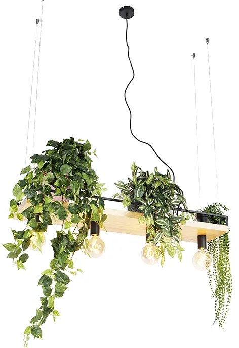 Candeeiro de suspensão industrial preto com madeira 4 luzes - Shelf