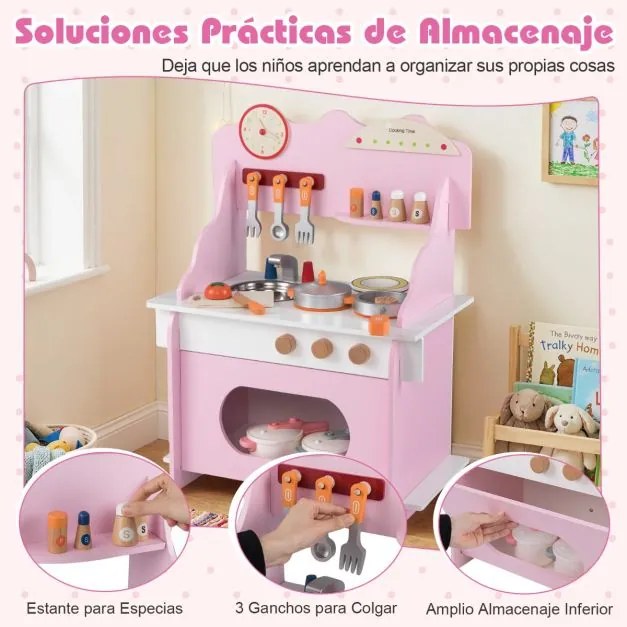 Cozinha de brincar em madeira para crianças 52 x 29,5 x 71 cm com relógio, fogão, prateleira, especiarias, torneira, lava-louças e forno para maiores