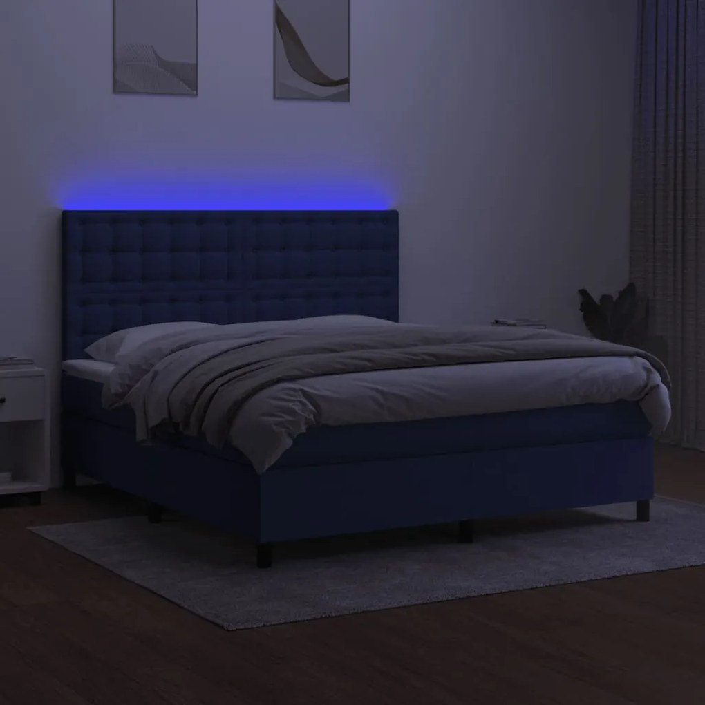 Cama box spring c/ colchão e LED 160x200 cm tecido azul