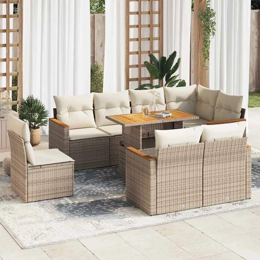 vidaXL 9 pcs conjunto sofás jardim com almofadões vime PE/acácia bege