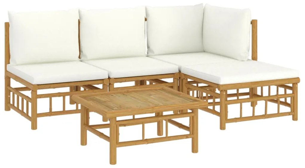 5 pcs conjunto lounge de jardim bambu c/ almofadões branco nata