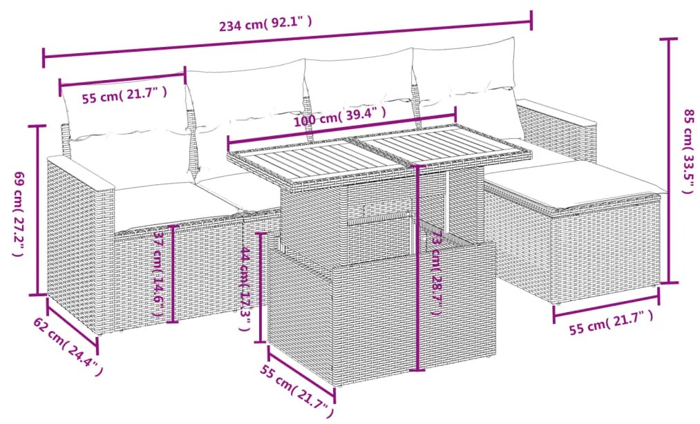 6 pcs conjunto sofás de jardim c/ almofadões vime PE preto