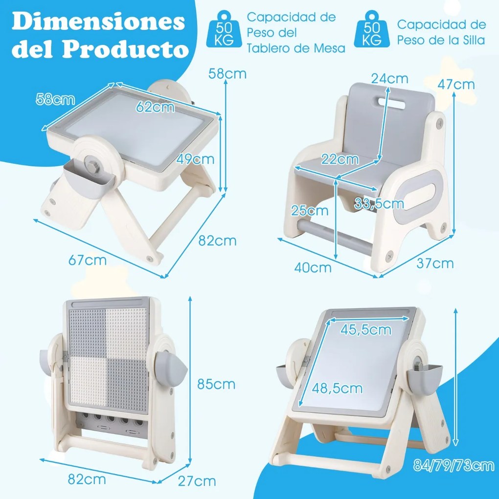 Conjunto de mesa e cadeira para crianças 6 em 1 Multi-atividade Cavalete dobrável para crianças com superfície reversível e ranhura Cinzento