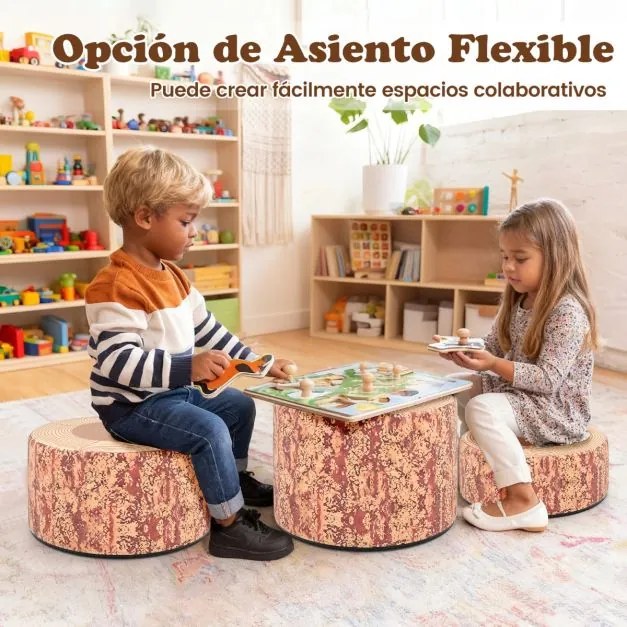 Conjunto de 3 bancos em forma de tronco de árvore para crianças Almofadas de chão com diferentes alturas para salas de aula ou creche Cor 1