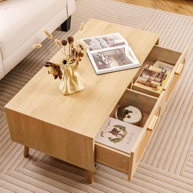 Mesa de centro em rattan 100 x 50 x 41 cm moderna com 2 gavetas e compartimento traseiro retangular com pernas de madeira para sala de estar Natural
