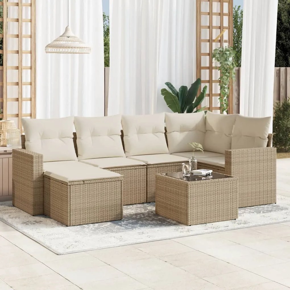 7 pcs conjunto de sofás p/ jardim com almofadões vime PE bege