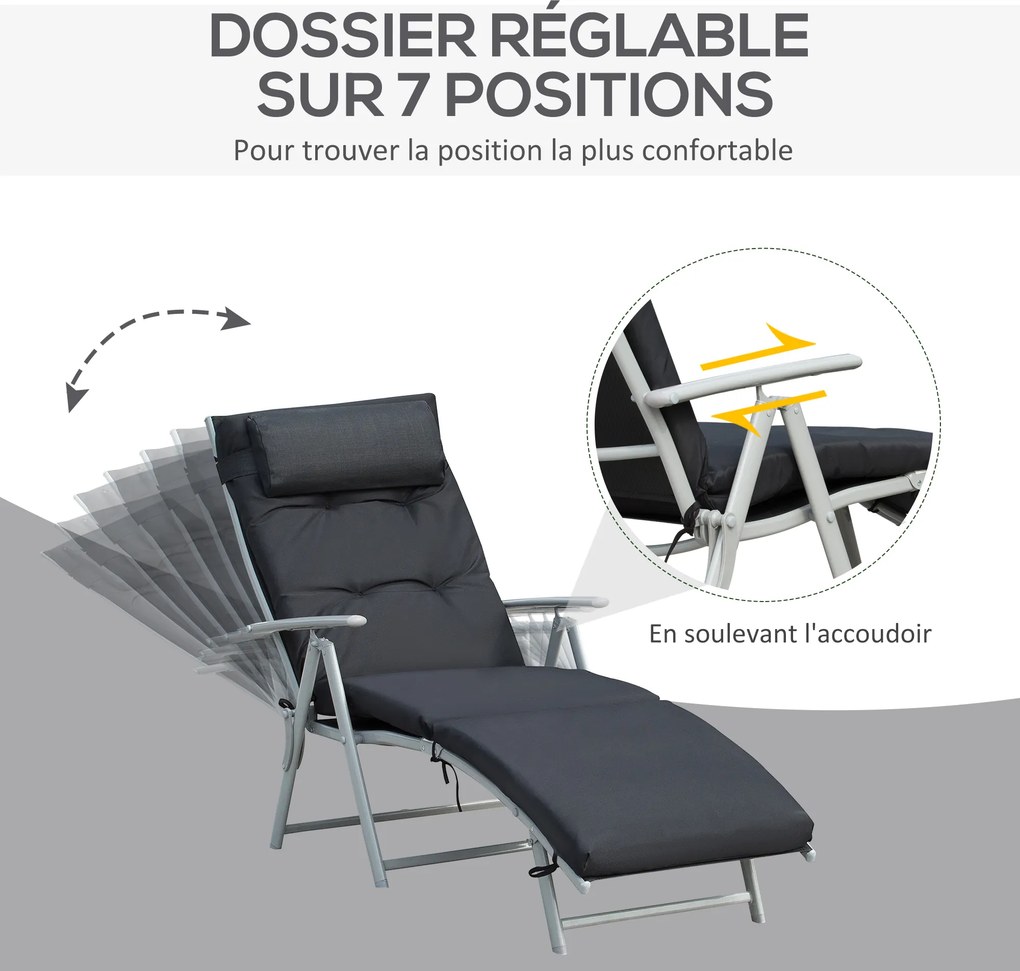 Espreguiçadeira dobrável com 7 posições de inclinação, espreguiçadeira de grande conforto com colchão + braços em metal com revestimento epóxi e tecid