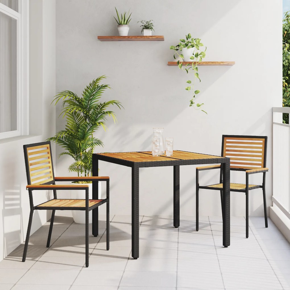 Conjunto de Jantar Jardim vidaXL 3 Peças Rattan Poliéster Preto Acácia