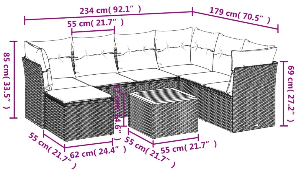 8 pcs conjunto sofás de jardim c/ almofadões vime PE cinzento