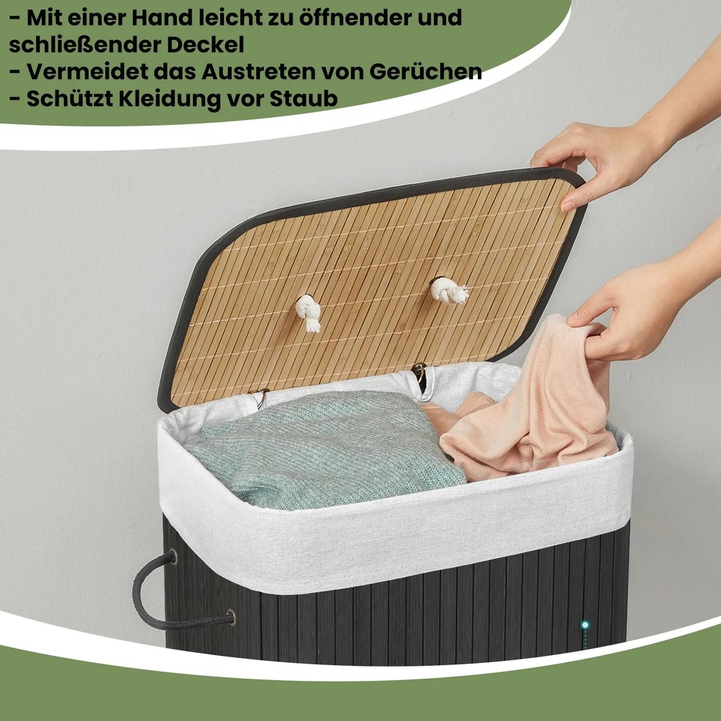 Cesto para roupa em bambu de 72 L, 40 x 30 x 60 cm preto