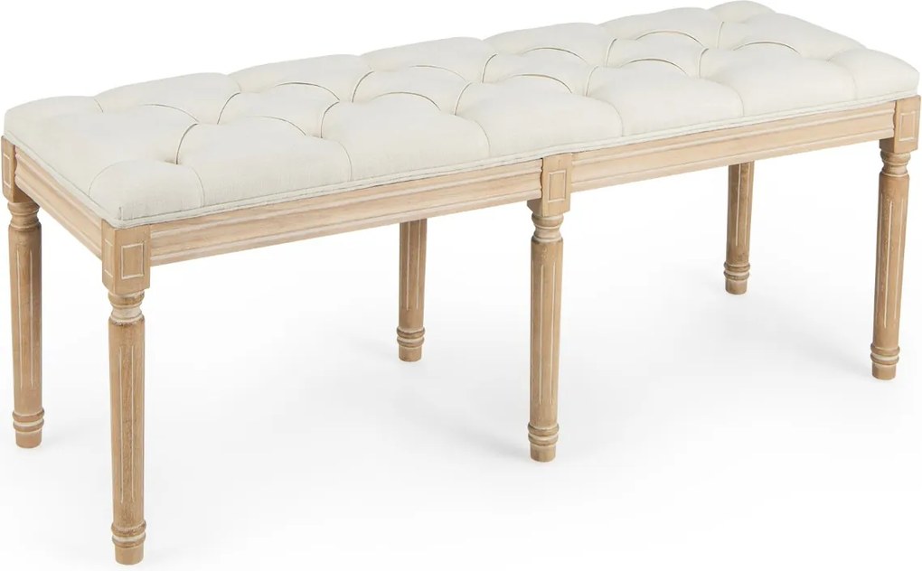 Banco de Entrada Vintage Francês de 20 x 40 x 49 cm com Pernas de Madeira Maciça de Cauchu Bege