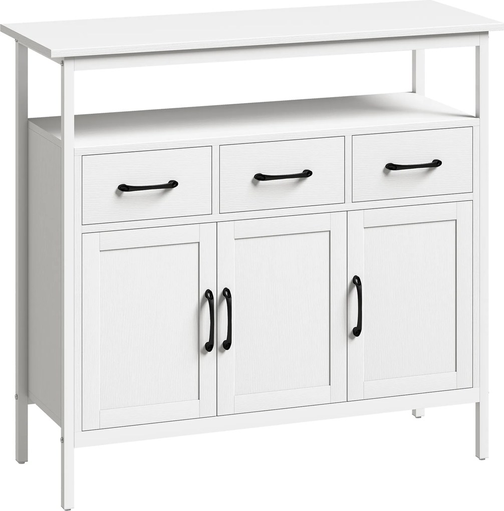 HOMCOM Aparador cozinha, móvel de arrumação, 3 portas, 3 gavetas, compartimento aberto e prateleiras ajustáveis, 95x35x88cm, branco | Aosom Portugal