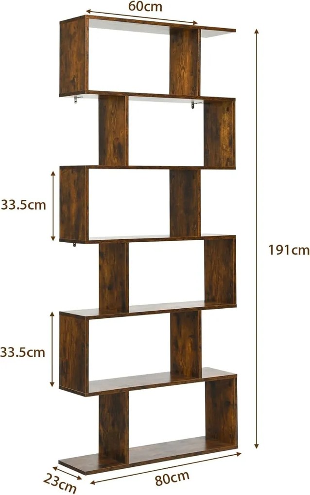 Estante decorativa em forma de S  80 x 23 x 191 cm com 6 prateleiras de madeira multifuncional para sala, quarto ou escritório Café