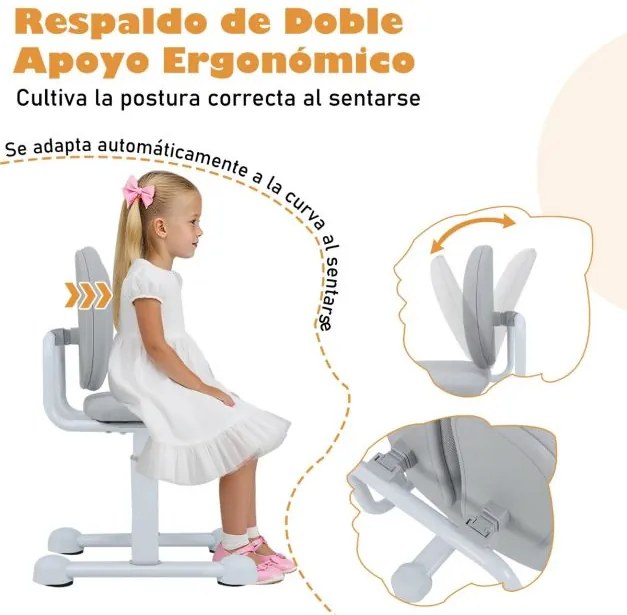 Cadeira de escritório para crianças com apoio duplo para as costas e altura ajustável estofada cinza