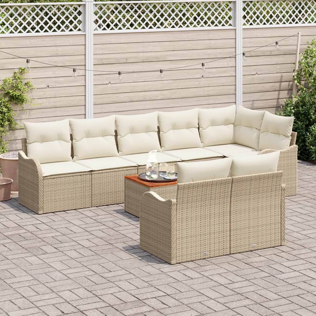 Conjunto de Sofá de Jardim de 9 Peças com Almofadas Bege Vime PE Acáci