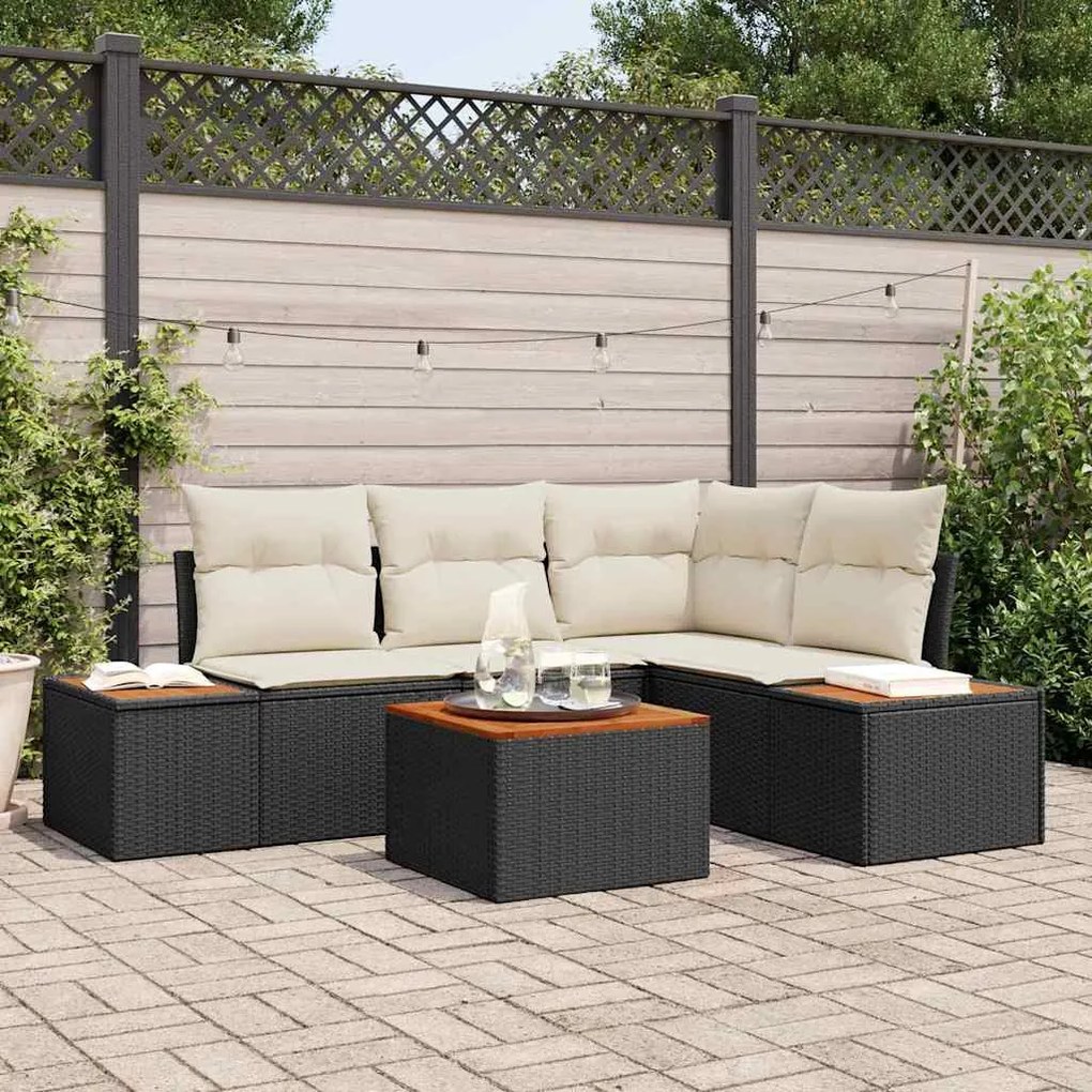 Conjunto de Sofá de Jardim de 5 Peças com Almofadas Pretas em Rattan S