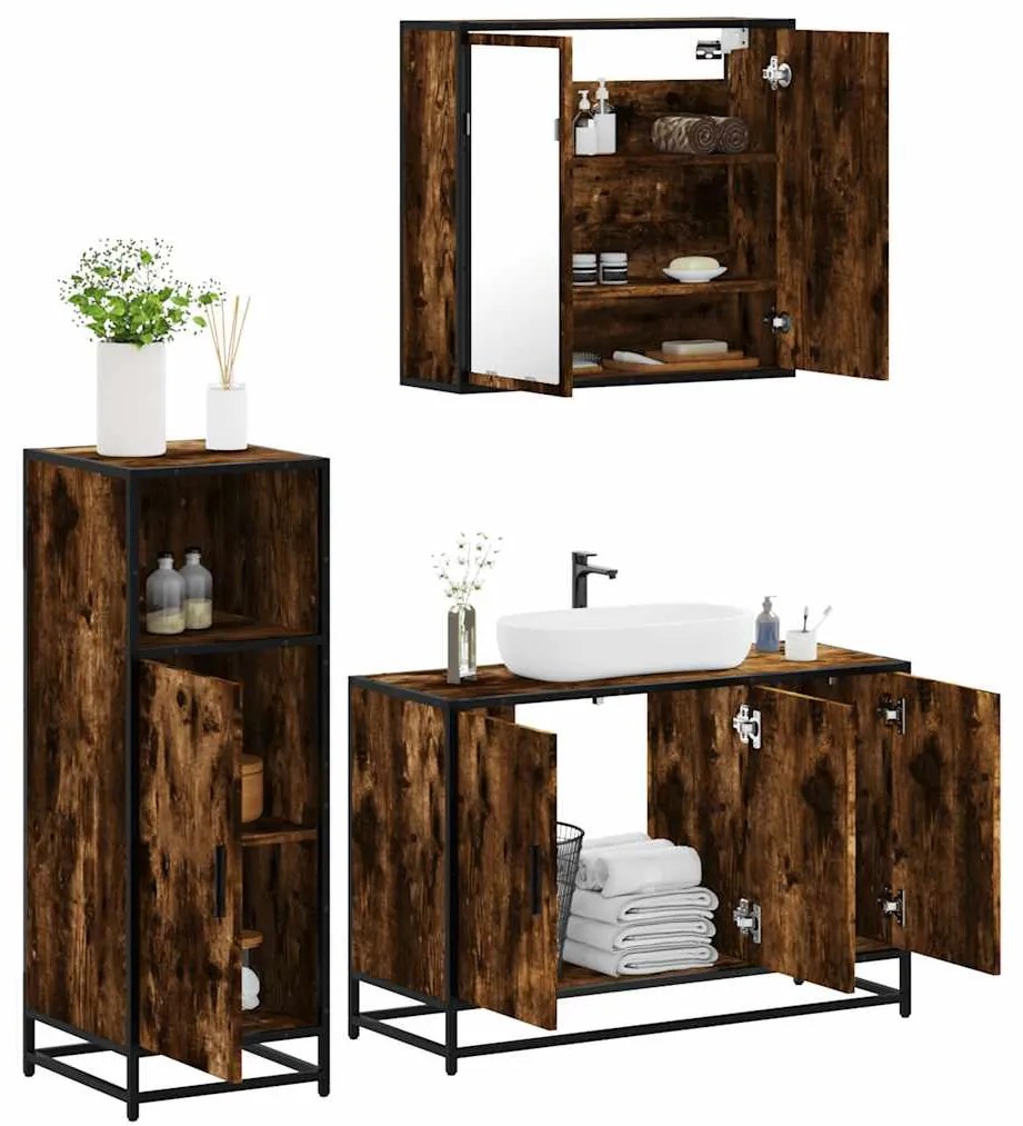 vidaXL 3 pcs conjunto de móveis WC madeira processada carvalho fumado