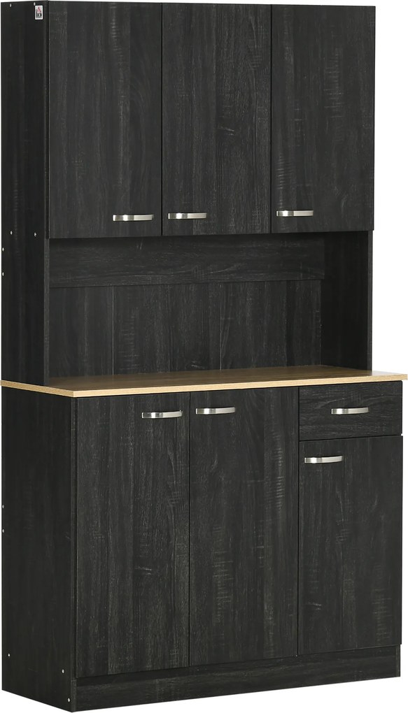 HOMCOM Armário de Cozinha Aparador de Sala de Jantar com 1 Gaveta 6 Portas e Prateleiras Ajustáveis Estilo Moderno 101x39x180 cm Preto e Madeira | Aosom Portugal