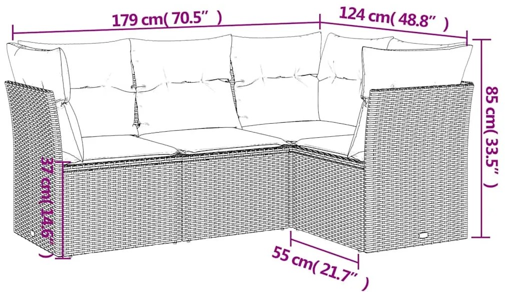 4 pcs conjunto de sofás para jardim c/ almofadões vime PE preto