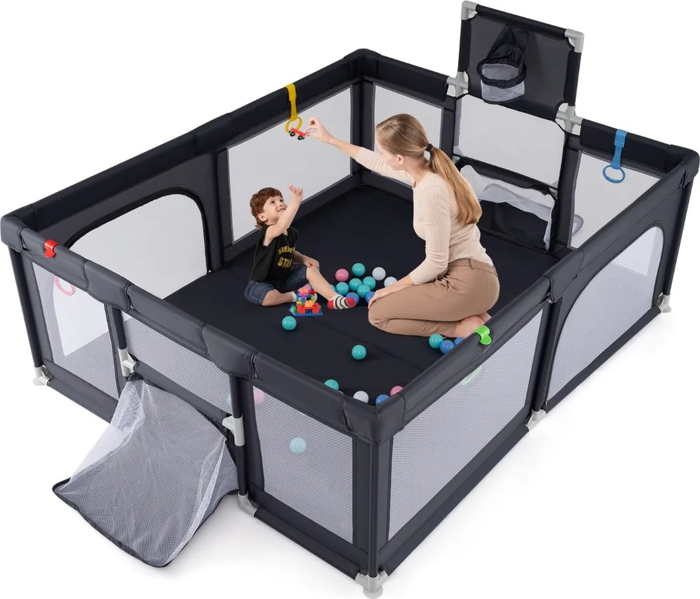 Parque infantil grande para bebés de 188 x 157 cm com aro de basquetebol, baliza, área de jogos com fecho e rede respirável cinzento escuro