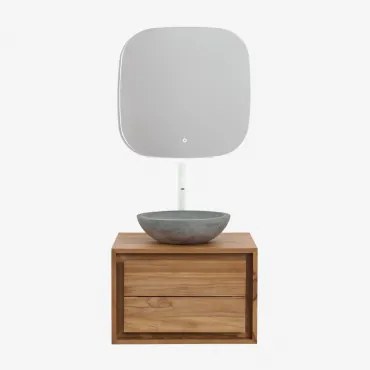 Conjunto De Móveis De Banheiro Em Madeira De Teca Jabari Madeira De Teca & Cimento Cinzento Redondo Ø40 Cm Tarsis & Quadrado Led - Sklum