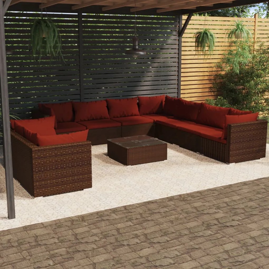 vidaXL 10 pcs conjunto lounge jardim c/ almofadões vime PE castanho