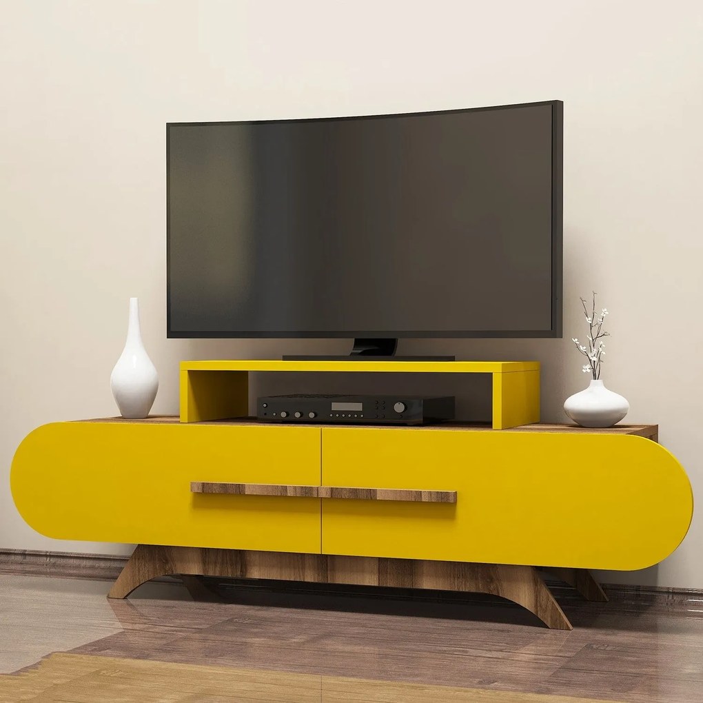 Móvel para TV Rose – Nogueira e Amarelo – 145x49,8x36,8 cm