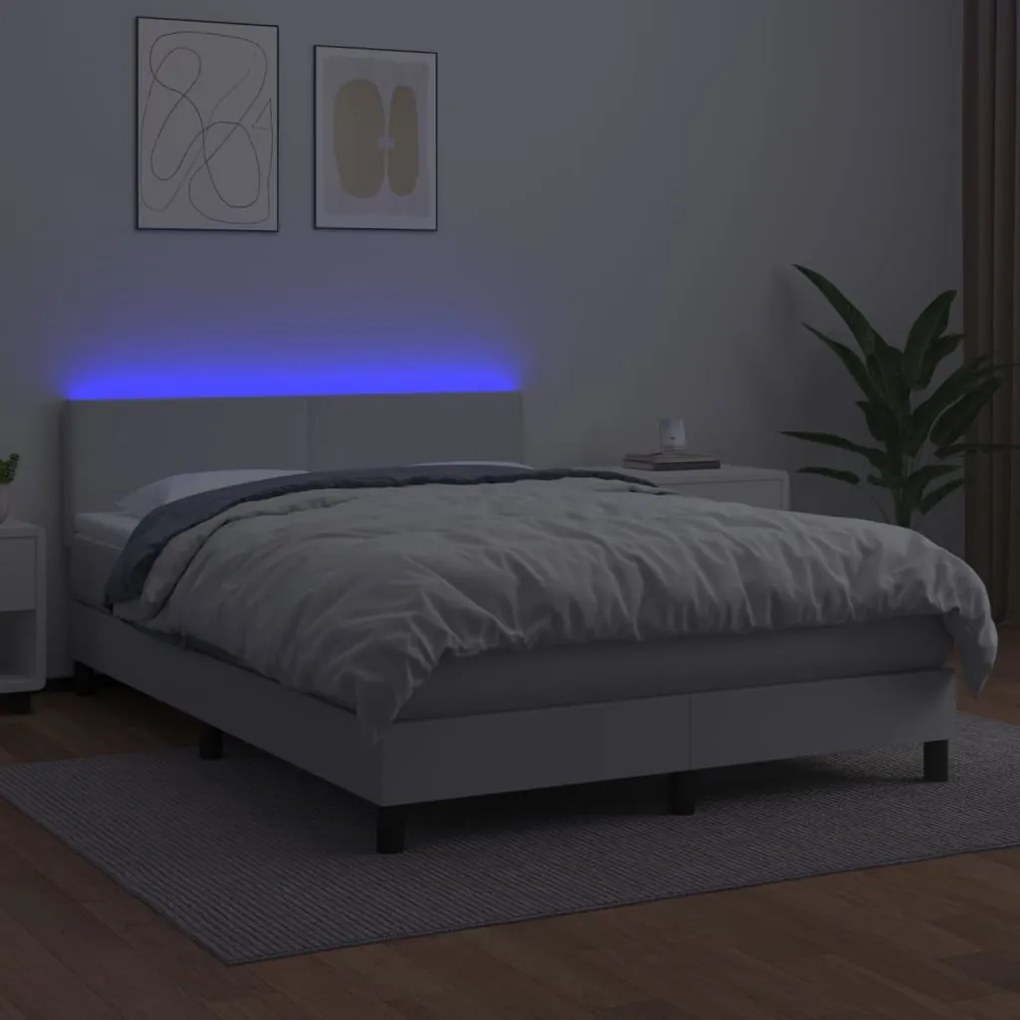 Cama box spring c/colchão/LED 140x200cm couro artificial branco