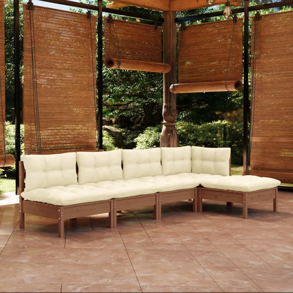 vidaXL 5pcs conj. lounge jardim + almofadões pinho maciço castanho-mel