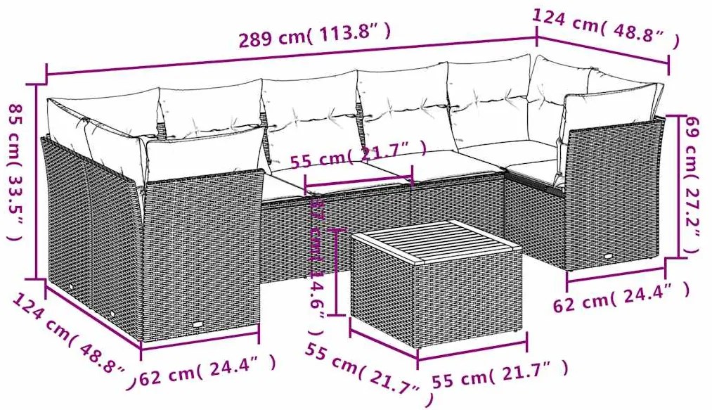 8 pcs conjunto sofás p/ jardim c/ almofadões vime PE cinzento