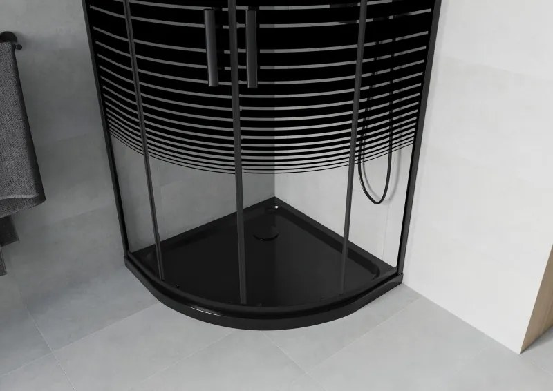 Mexen Rio cabine de duche semicircular 80 x 80 cm, faixas pretas, preto + base de duche Flat, preto - 863-080-080-70-20-4170B