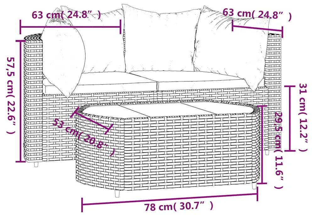 3 pcs conjunto lounge jardim c/ almofadões vime PE castanho