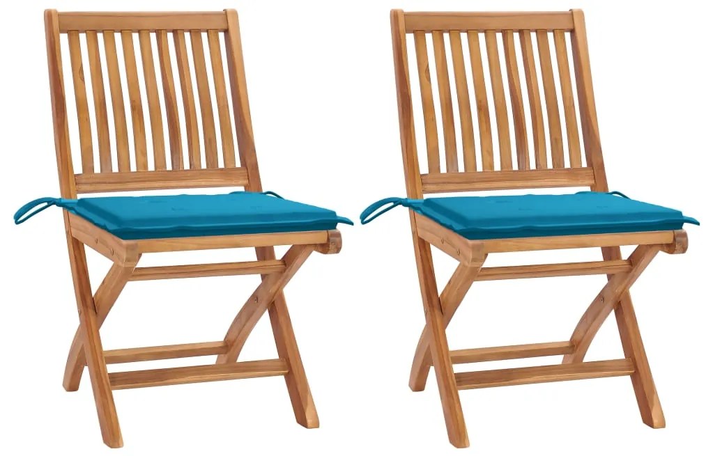 vidaXL Cadeiras de jardim c/ almofadões azuis 2 pcs teca maciça