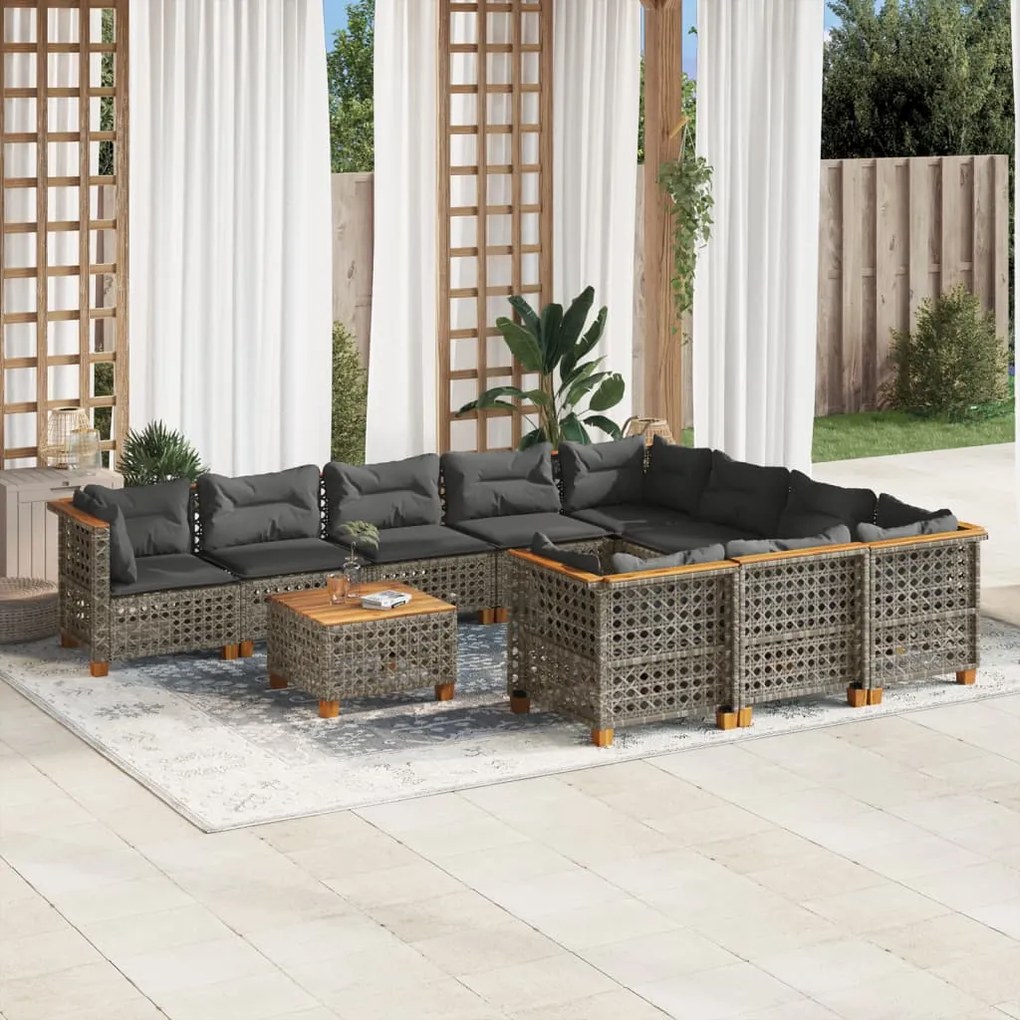 11 pcs conjunto sofás de jardim c/ almofadões vime PE cinzento