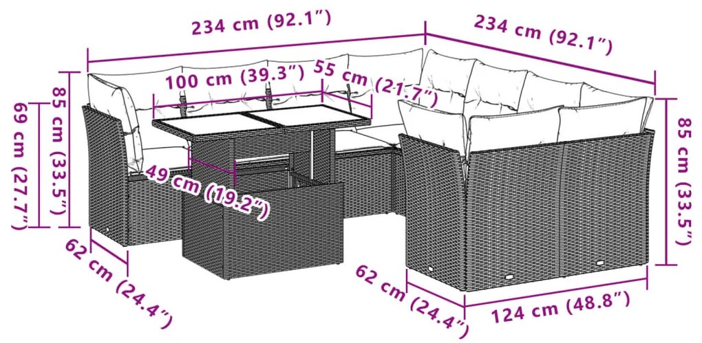 9 pcs conjunto sofás p/ jardim com almofadões vime PE cinzento