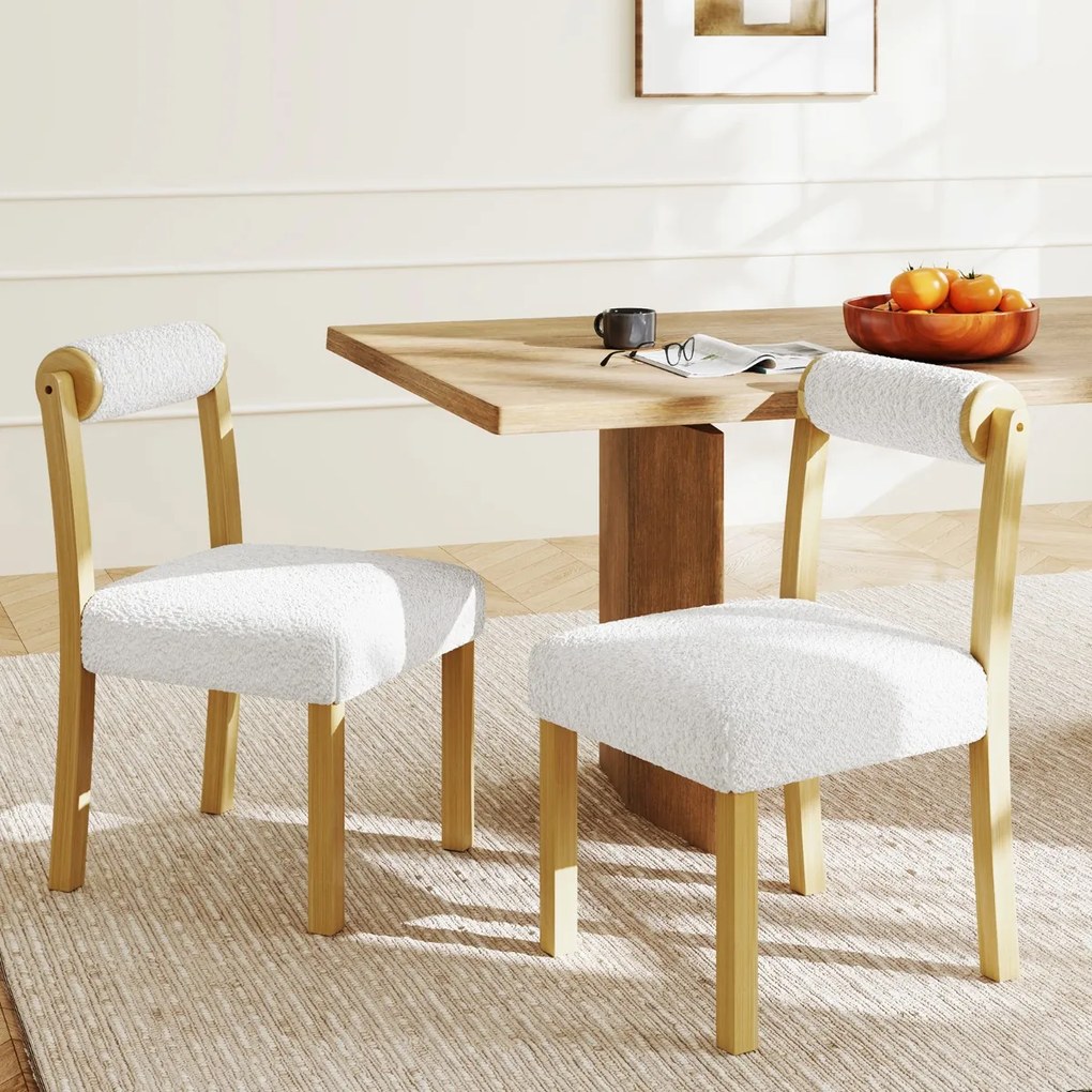 Conjunto de 2 cadeiras de jantar estofadas em sherpa sintética com estrutura em madeira de borracha Natural+Branco