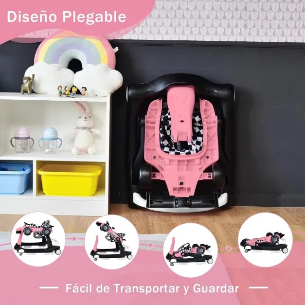 Andarilho 4 em 1 para crianças dobrável para actividades de empurrar com altura e velocidade ajustáveis Carrilhão com luzes Volante Rosa