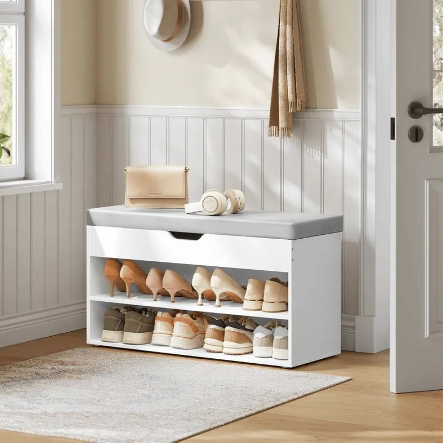 Sapateira 30 x 80 x 44 cm com almofada acolchoada e 3 níveis, branco e cinza