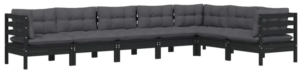 7 pcs conjunto lounge jardim c/ almofadões pinho maciço preto